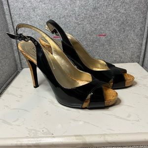 GUESS BLACK  "MORRISA" SLING BACK LEATHER PEEP TOE HEELS SZ 8